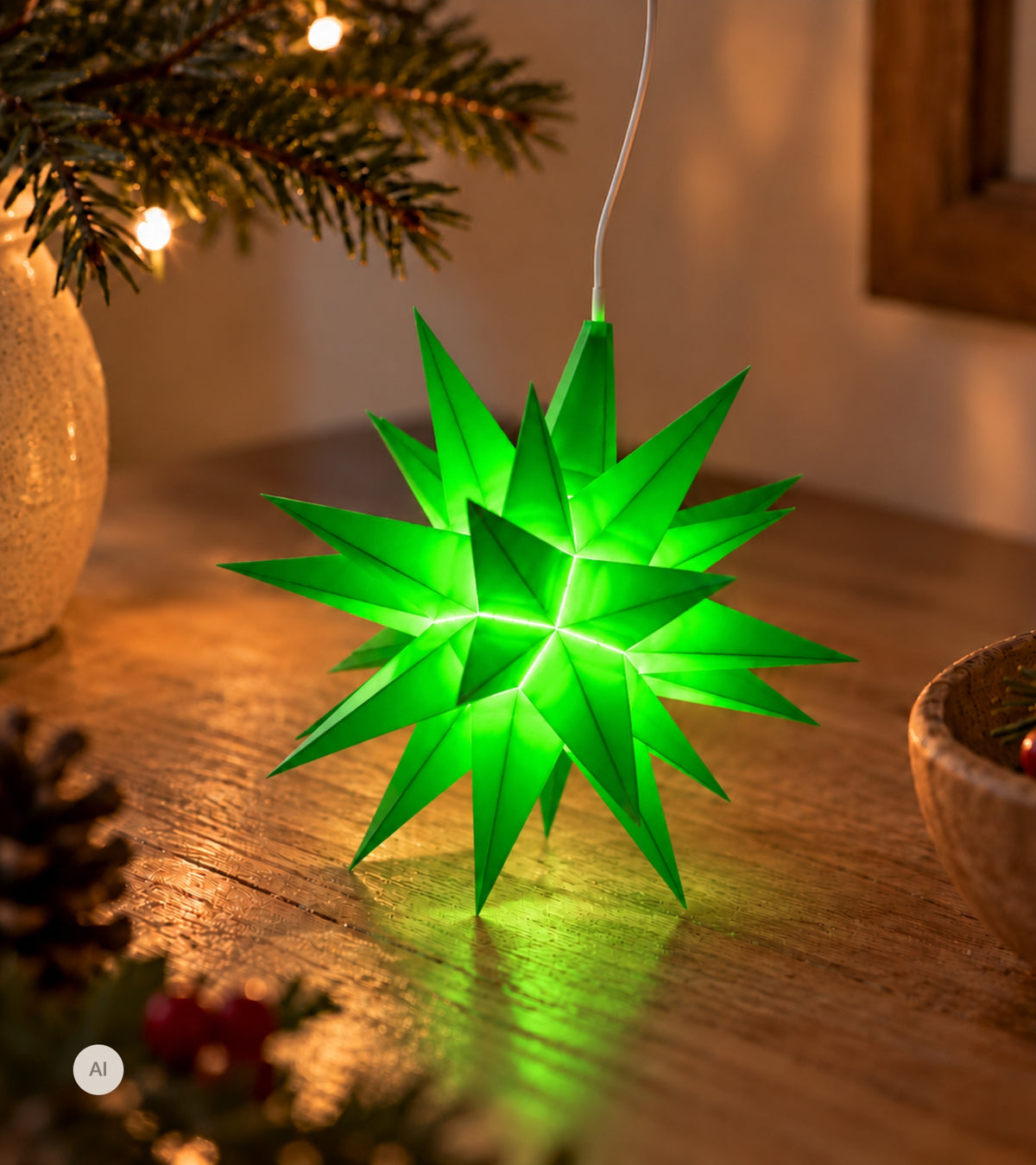 Herrnhutstjerne, grønn, plast, 13 cm LED