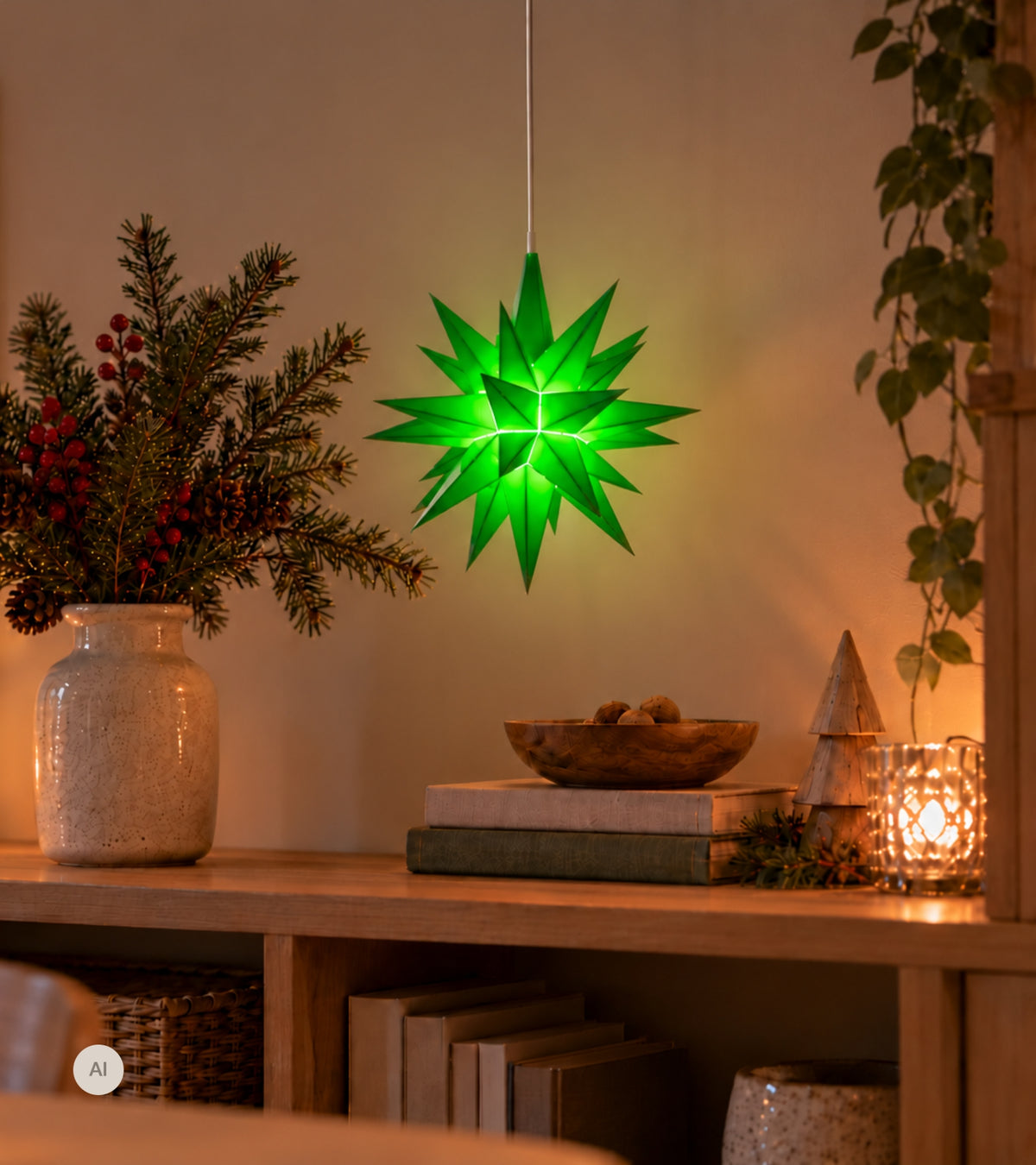 Herrnhutstjerne, grønn, plast, 13 cm LED