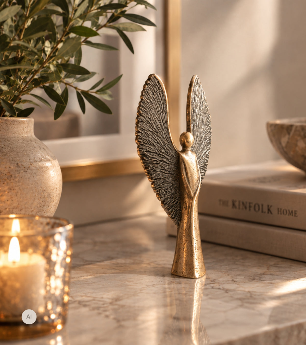 Bronzefigur Engel med store vinger, 17 cm