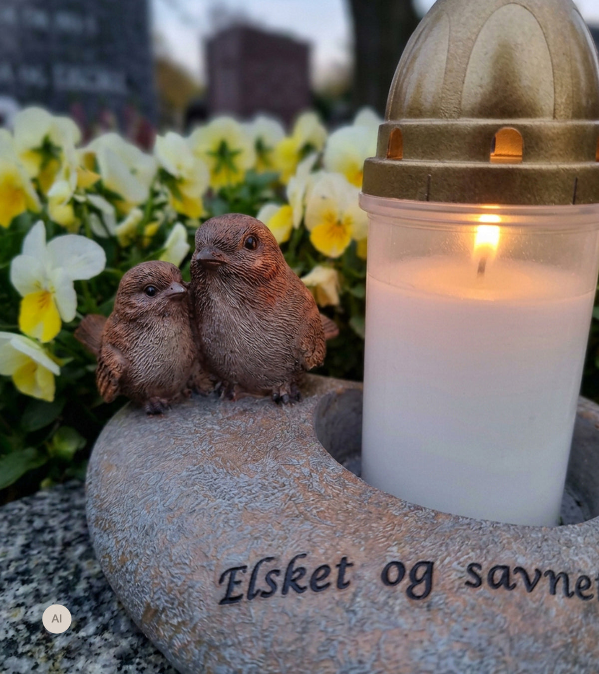 Hjerte til gravlys m. 2 fugle på sten, Elsket og savnet