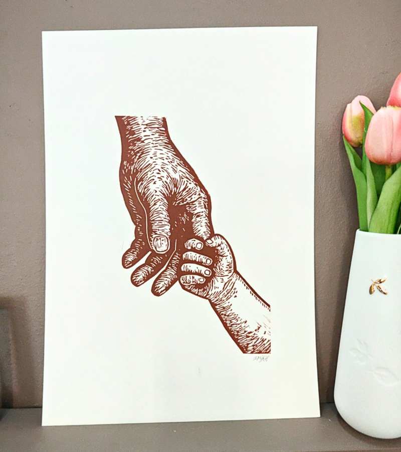 Linoleumstrykk: FAR, A3 Plakat, Brun