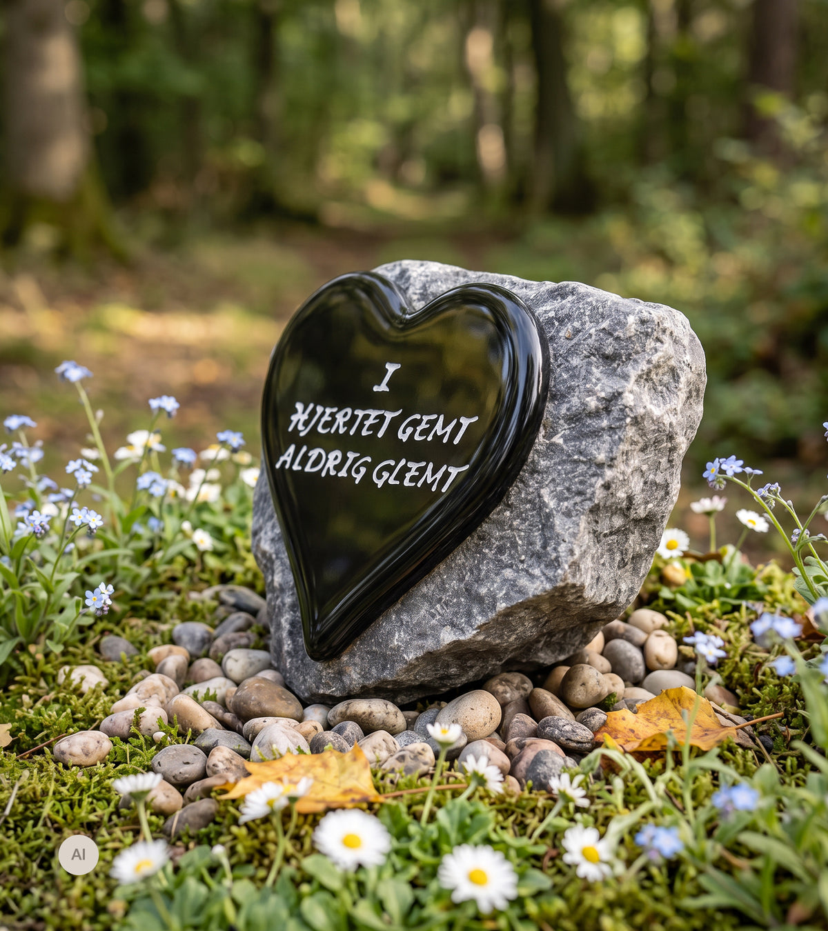 I hjertet gemt aldrig glemt, Sort Glashjerte På Granitsten