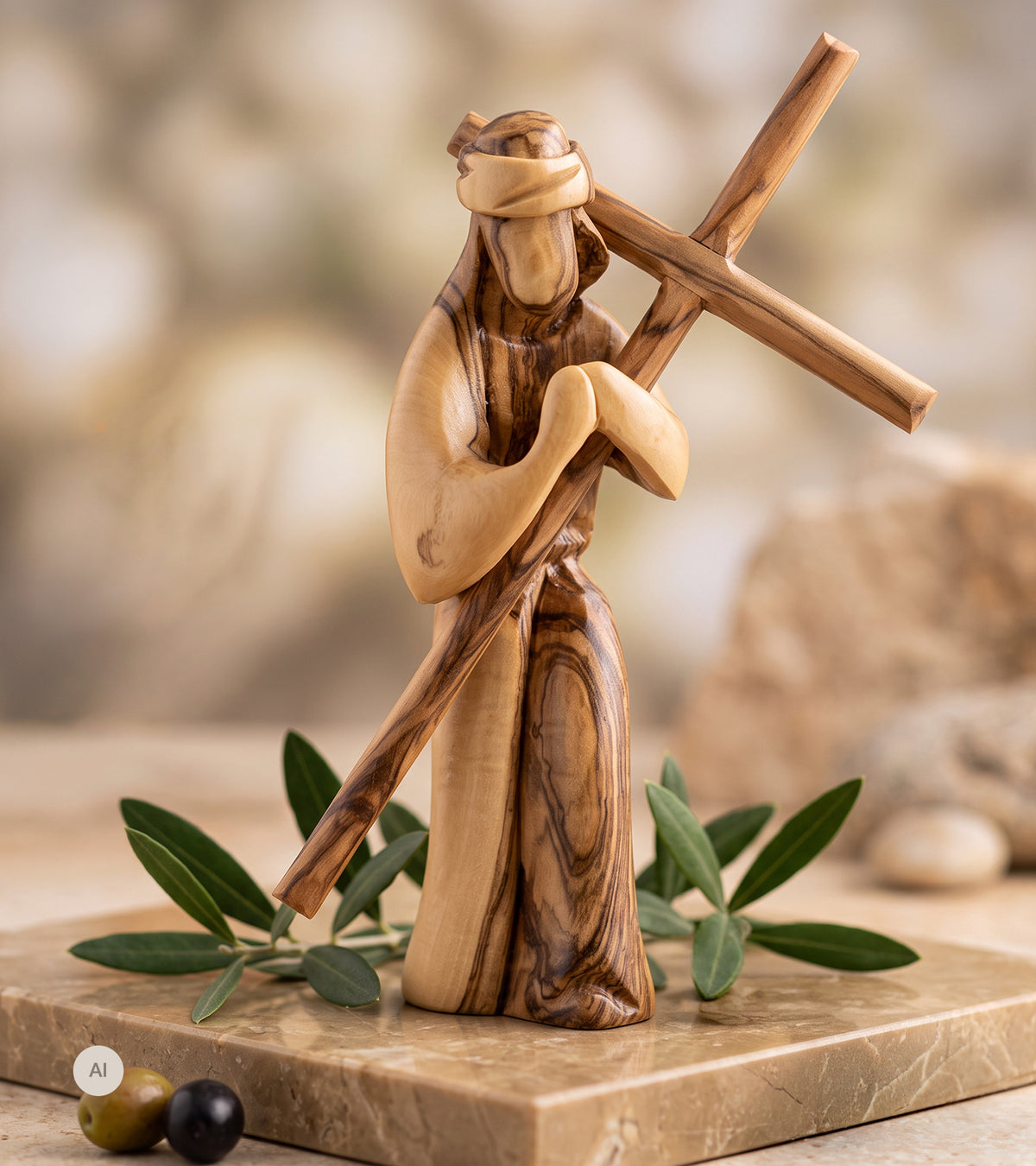 Jesus med korset, Oliventræ, 15 cm