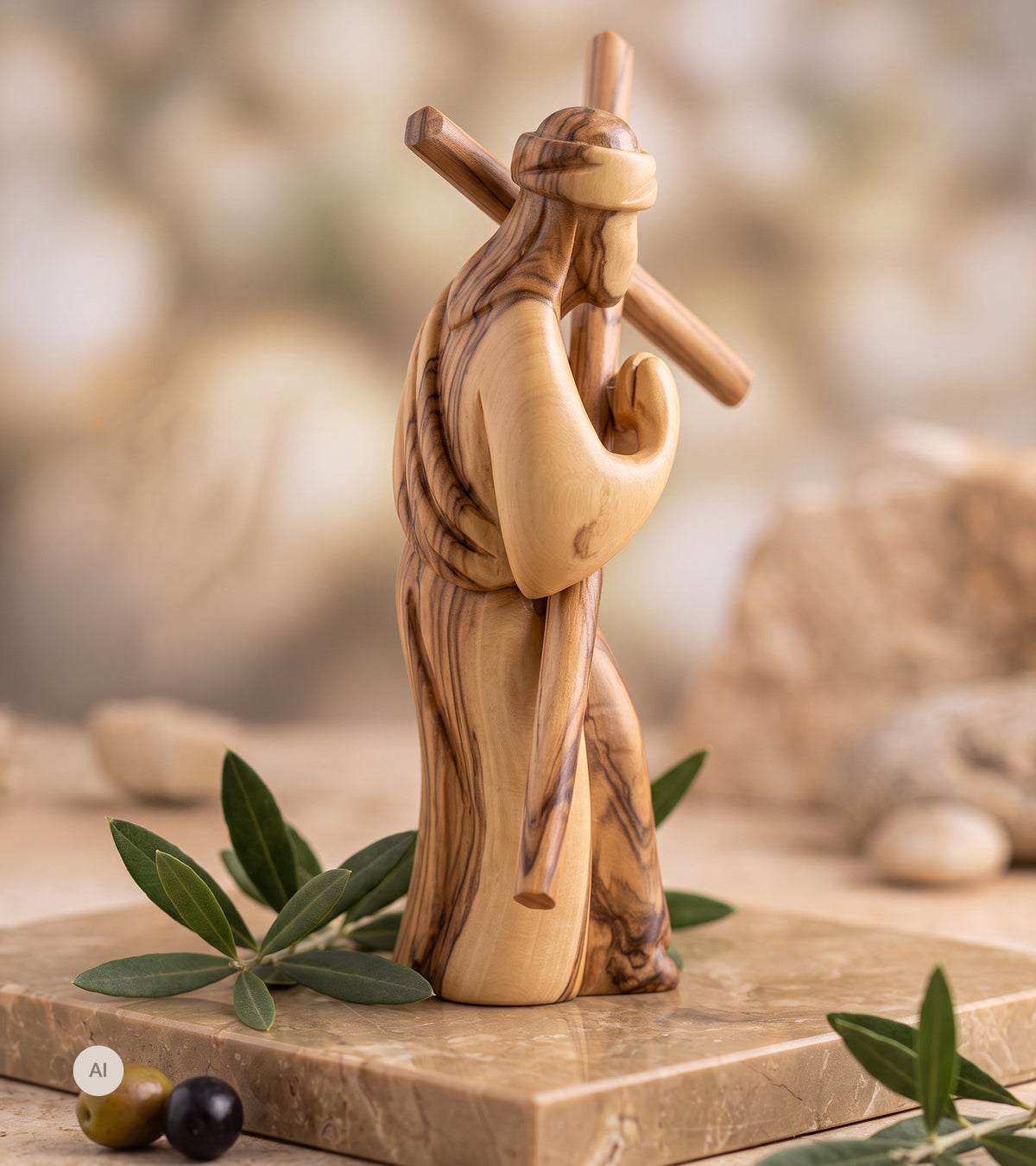 Jesus med korset, Oliventræ, 15 cm