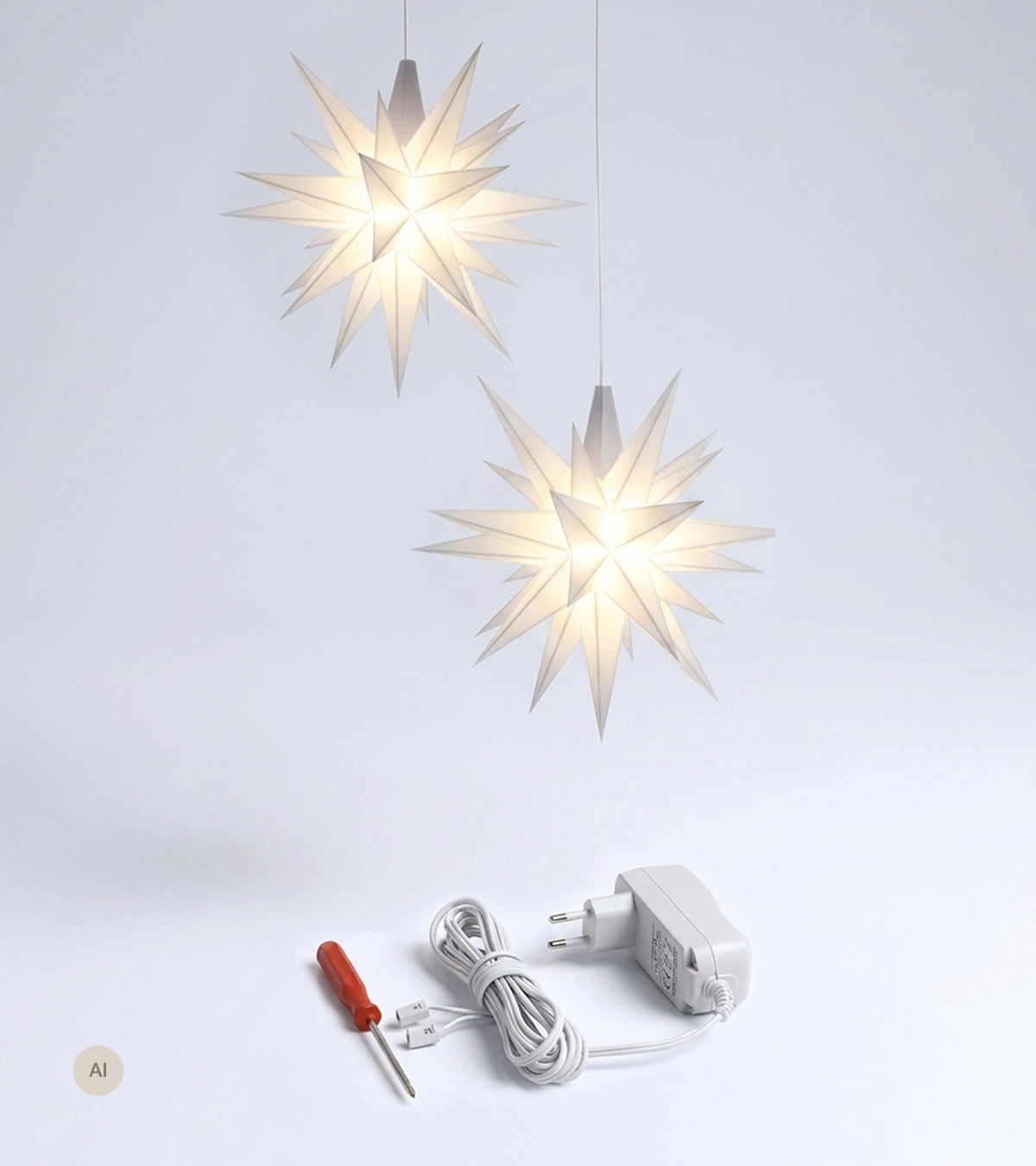 Sæt a 2 Herrnhuter Stjerner, Hvid, 13 cm LED, incl. adapter med timer