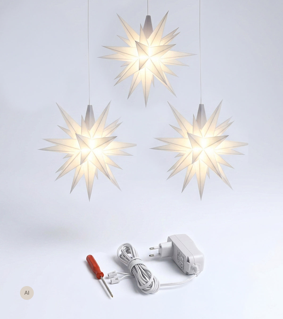 Sæt a 3 Herrnhuter Stjerner, Hvid, 13 cm LED, incl. adapter m timer