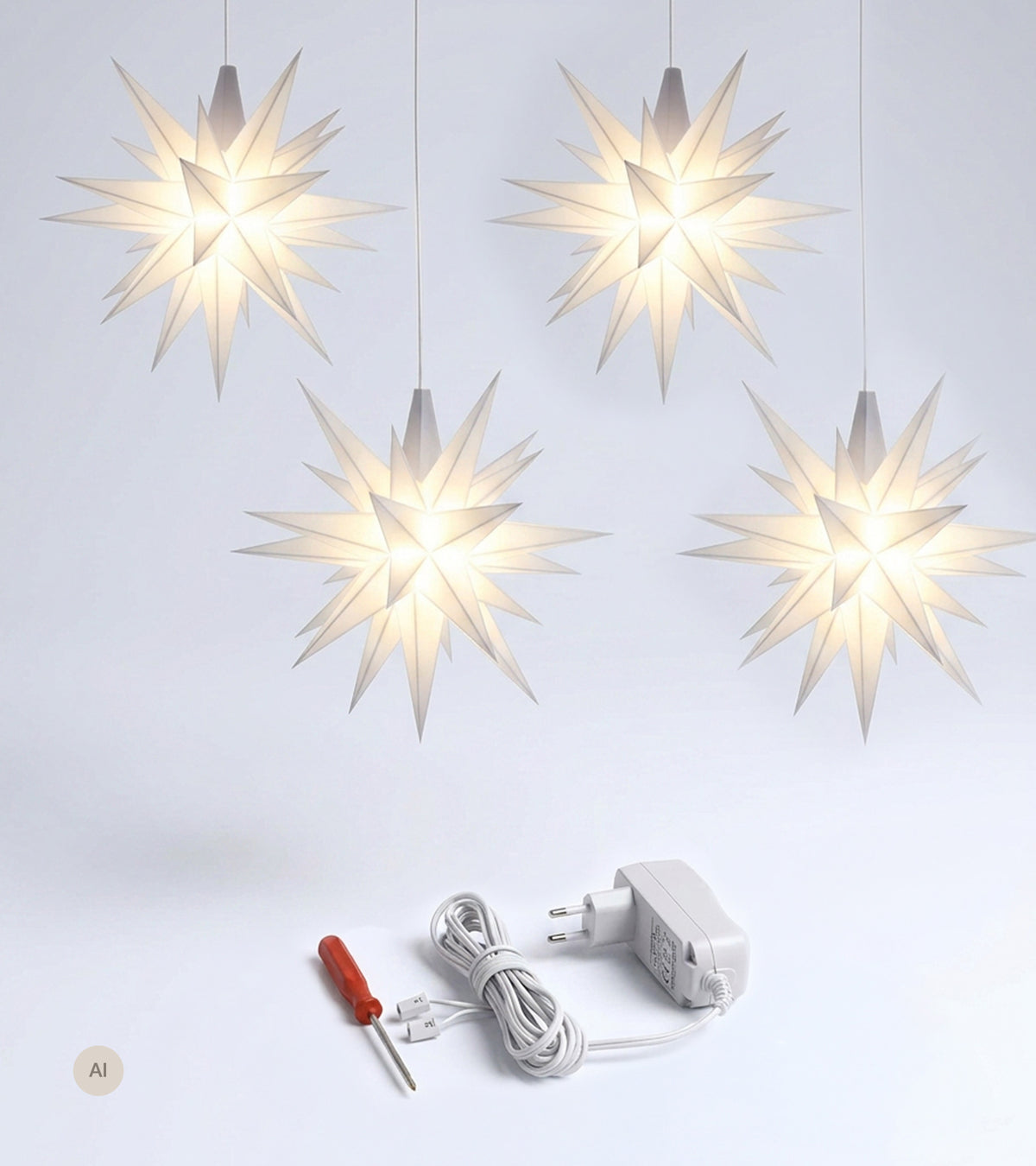 Sæt a 4 Herrnhuter Stjerner, Hvid, 13 cm LED, incl. adapter m timer